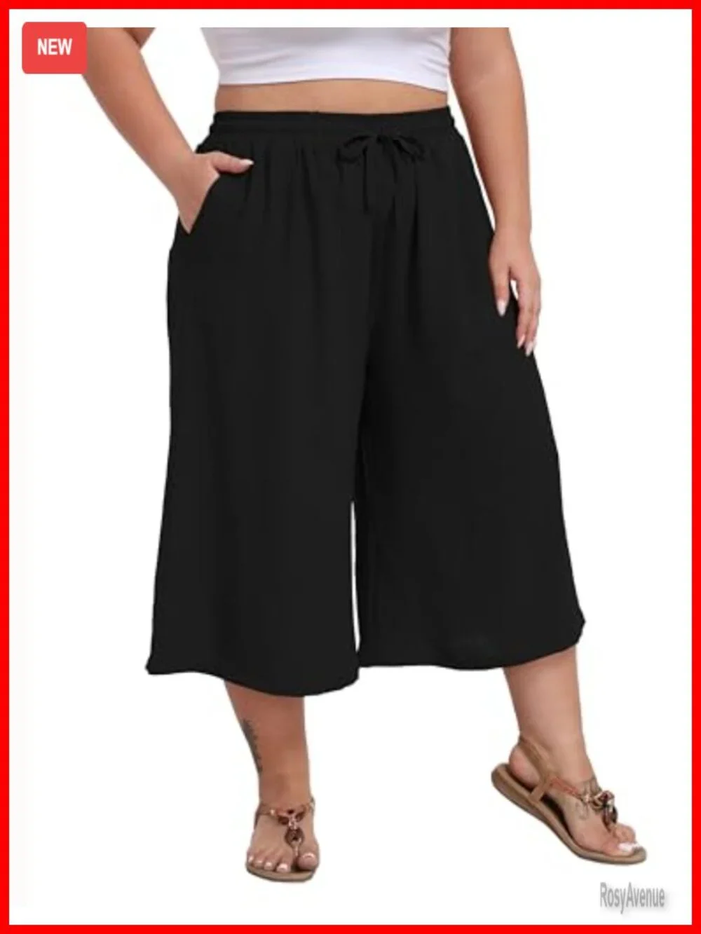Plus Size Wide Leg Capri Pants Loose Lounge Cropped Culottes with Pockets